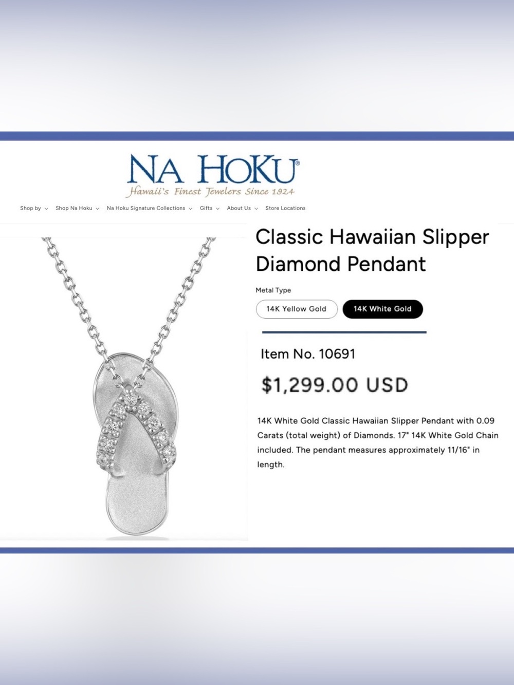 Na Hoku 14K White Gold Diamond Hawaiian Flip Flop Slipper Pendant Necklace 3.28g
